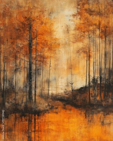 Fototapeta Abstract autumn landscape with trees reflecting in a serene water body.