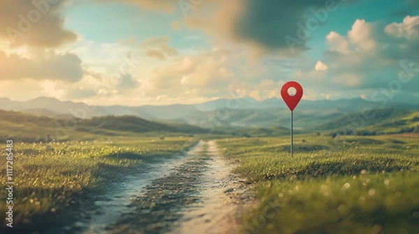 Fototapeta Scenic pathway with location marker countryside landscape digital art serene environment wide view journey concept