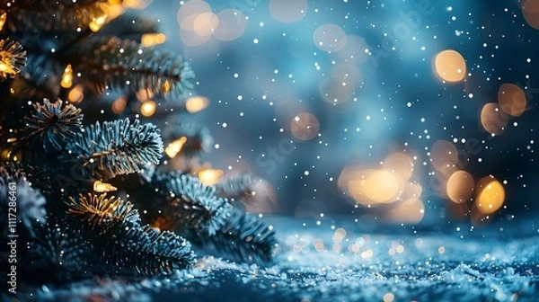 Obraz A minimalistic Christmas background in shades of blue, highlighted by glowing snow particles and a frosty border effect