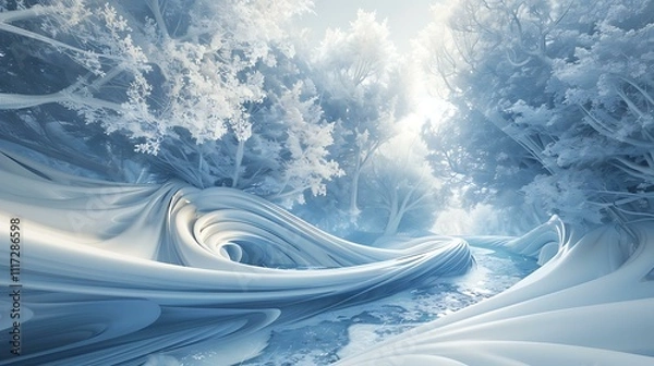 Obraz A winter-themed design with a smooth blue background, swirling snow patterns, and delicate frosty edges that add an elegant seasonal touch