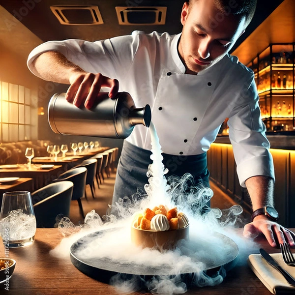 Obraz Ein Spitzenkoch bereitet eine kulinarische Köstlichkeit zu. Raffiniertes kochen mit Wasserstoff.