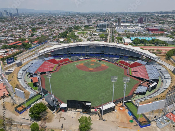 Fototapeta A frontal aerial view showcasing the Charros de Jalisco Stadium in Guadalajara, highlighting its architecture and surrounding areas