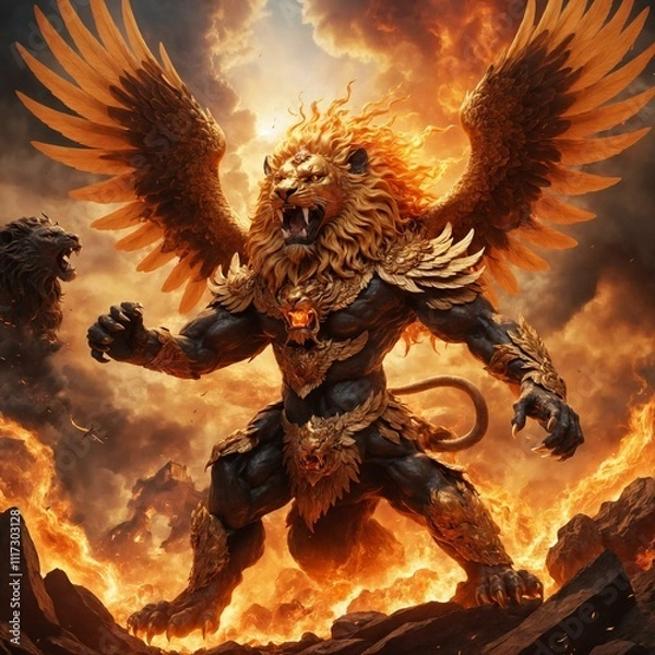 Fototapeta An epic fantasy illustration featuring a fierce battle between a majestic Garuda with golden wings and a powerful lion with a fiery mane. Set against the backdrop of a blazing sunset and engulfed in d