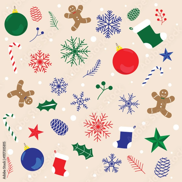 Obraz Festive Christmas pattern with colorful ornaments, gingerbread cookies, candy canes, holly leaves, pinecones, and snowflakes on a beige background.