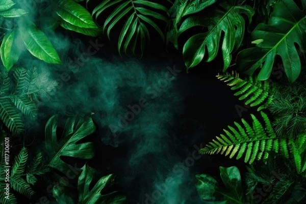 Fototapeta Lush greenery embracing misty forest nature scene close-up shot tranquil environment top-down perspective serenity concept