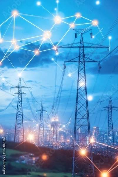 Fototapeta Power lines against a city skyline, illuminated by network connections.
