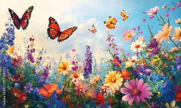 Fototapeta Nature background wildflowers against a blue sky in sunny day with butterfly