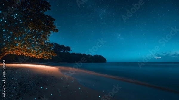 Fototapeta Serene Secluded Beach at Night with Bioluminescent Glow Illuminating the Shoreline Under a Starry Sky