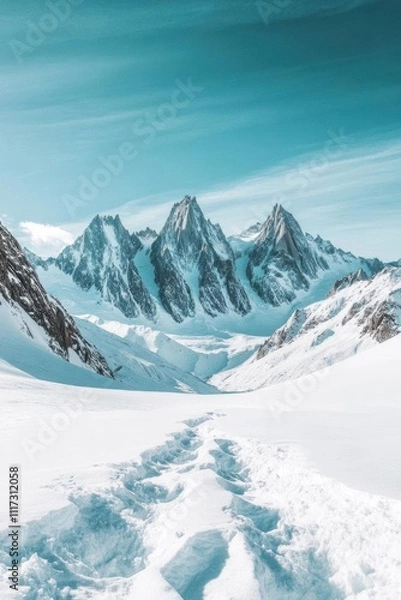 Obraz Snow-covered mountains with a clear blue sky and snowy pathway.