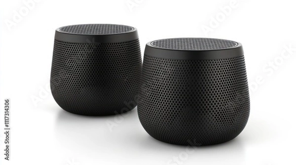 Fototapeta Two Black Portable Smart Speakers With Perforated Designs