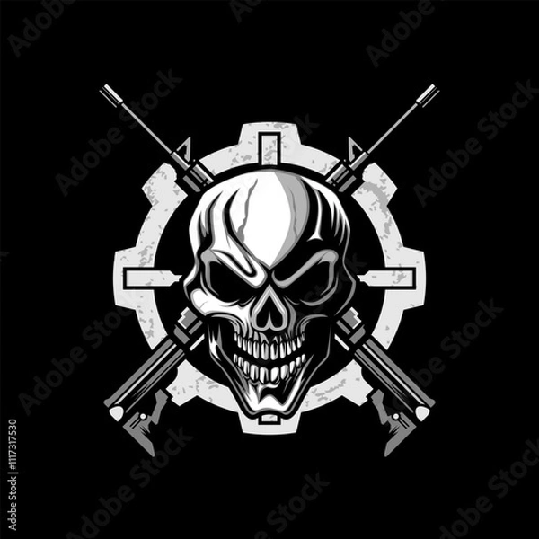 Fototapeta skull and two crossed automatic assault rifles on a Black background