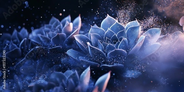 Fototapeta Mystical Blue Succulents Night Bloom Desert Flora Sparkling Dust