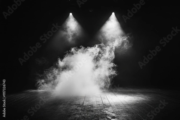 Fototapeta A dramatic scene with fog and spotlighting, evoking a theatrical atmosphere.
