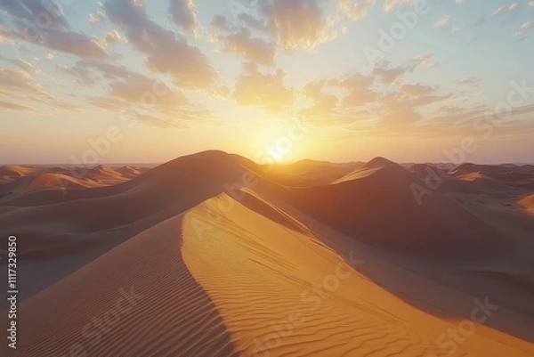 Fototapeta A serene desert landscape at sunset, showcasing dunes and a colorful sky.