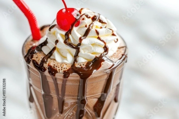Fototapeta A delicious chocolate milkshake topped with whipped cream and a cherry.