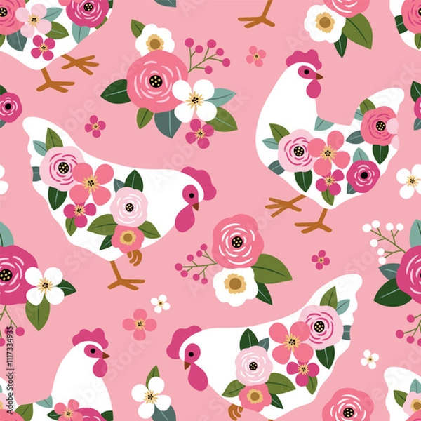 Fototapeta Seamless vector pattern with floral hen and summer flowers. Hand drawn floral background with white chickens. Perfect for textile, wallpaper or nursery print design. EPS10 vector file.
