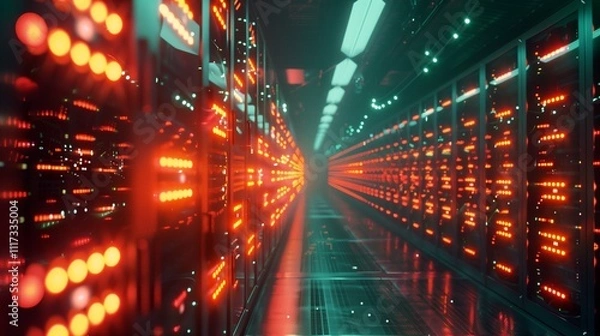 Obraz A futuristic data center with rows of servers and fiber optic cables