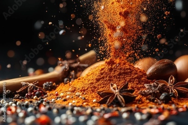 Obraz Dynamic explosion of spices with flying ingredients in vivid detail