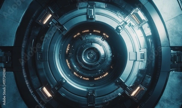 Fototapeta Futuristic Circular High-Tech Structure with Illuminated Controls and Reflective Surfaces, Showcasing Modern Technology in a Sci-Fi Environment