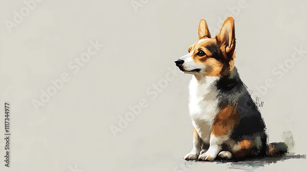 Fototapeta Cute puppy sitting in minimalist environment close-up view of adorable corgi in soft colors for pet lovers