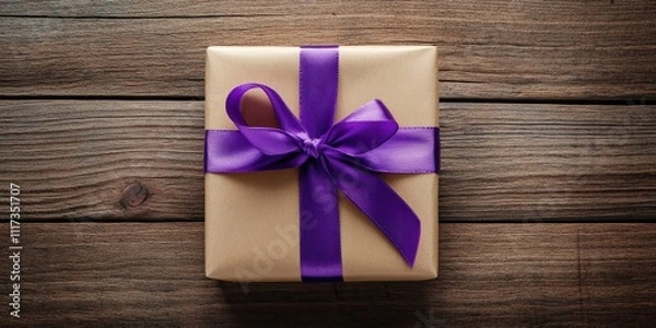 Fototapeta A present adorned with a purple satin ribbon rests on a wooden surface, creating a joyful and celebratory ambiance. The gifts festive appearance is captivating.