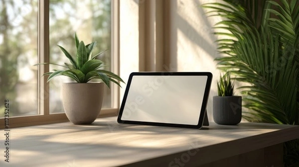 Fototapeta Modern Tablet on a Sleek Table Near Plants