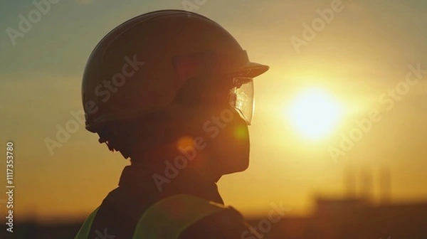 Fototapeta Beautiful image of an engineering helmet at sunset, civil construction