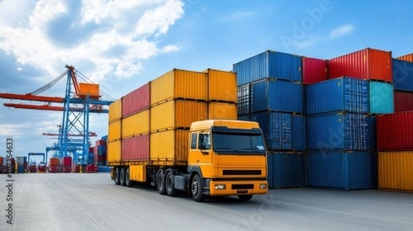 Fototapeta Large orange truck transporting cargo containers in a bustling shipping yard under a bright blue sky with cranes in the background, representing global trade and logistics.