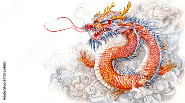 Fototapeta Vibrant Chinese Dragon Doodles, Playful and Whimsical 2D Illustrations for Posters, Tags, and Banners