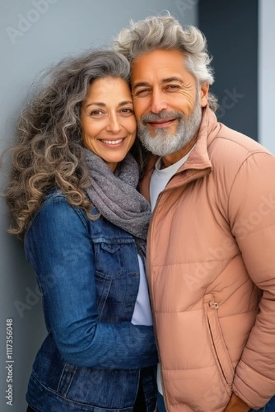 Obraz A pair of elderly lovers. A man with silver hair and a woman, embracing, facing the camera. a happy older couple in their sixties