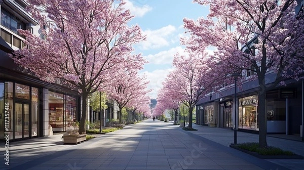 Fototapeta Pedestrian street and outside of shopping center building, there are cherry blossom trees along the roadside.