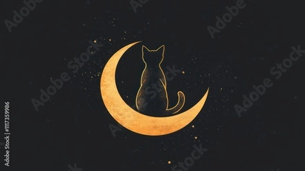 Fototapeta A silhouette of a cat sitting on a crescent moon against a starry background.