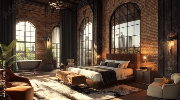 Fototapeta Luxury Industrial Loft Bedroom Design:  A Masterpiece of Modern Elegance and Rustic Charm