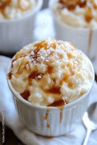 Fototapeta Creamy rice pudding dessert with caramel sauce and sea salt topping in white cups