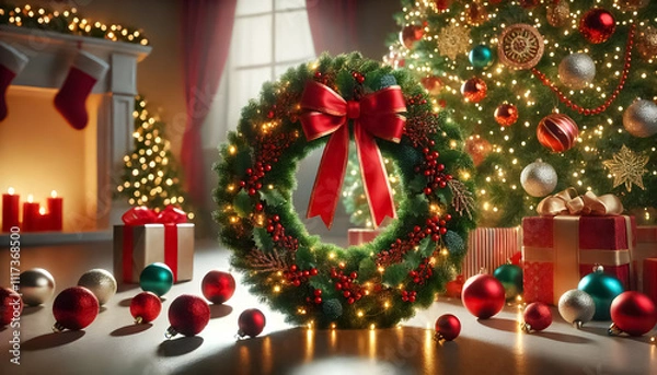 Fototapeta A Christmas wreath surrounded by ornaments on the floor, next to a fully decorated tree.
