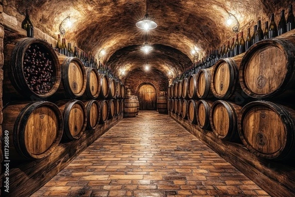 Obraz Rustic wine cellar interior featuring wooden barrels and stone walls