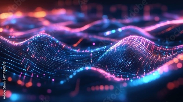 Fototapeta Abstract Wavy Digital Art with Glowing Lights