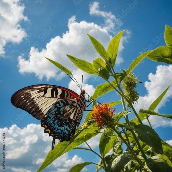 Fototapeta A giant Amazonian butterfly with vibrant wings resting on a plant under a white and blue sky.