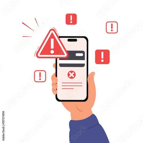 Obraz Hand holding smartphone with problem alert, warning sign or error payment.