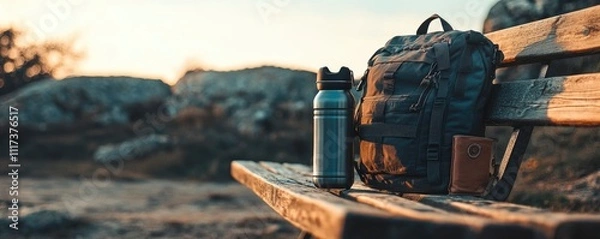 Obraz A backpack and a water bottle on a wooden bench in a natural setting.