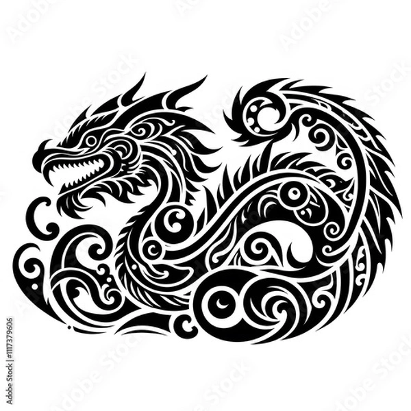 Fototapeta AI Generate of Dragon Shape in Maori Art style isolated in white