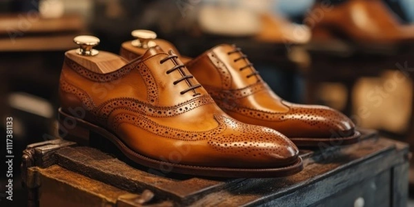 Fototapeta Artisan leather shoes for men showcase exceptional craftsmanship. These artisan shoes combine quality materials with skillful manufacturing, highlighting the unique artistry of leather footwear for