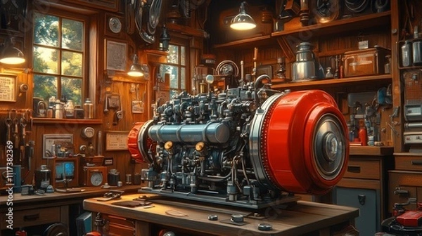 Fototapeta Engine in a Rustic Workshop