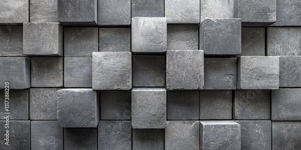 Fototapeta Gray blocks create a textured wall background, providing a stylish and modern appearance. This gray blocks wall background offers versatility for various creative projects and designs.
