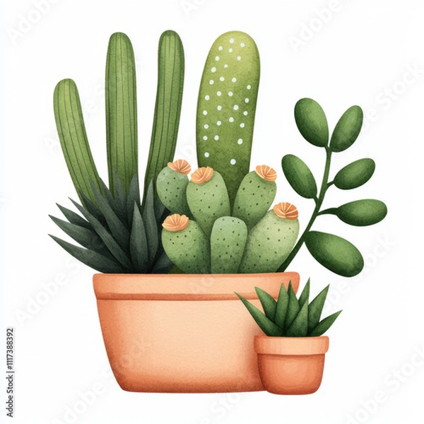 Fototapeta watercolor cluster of various cacti in decorative pot, showcasing vibrant green colors and unique shapes, perfect for adding touch of nature to any space