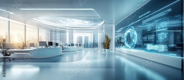 Obraz Futuristic office with panoramic city view and interactive digital display.
