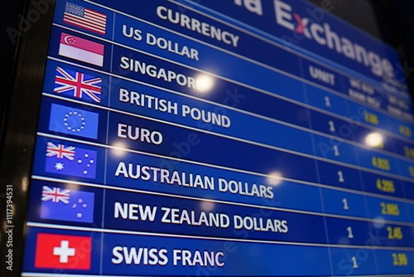 Fototapeta Close-up view of a digital currency exchange board showcasing prominent global currencies such as US Dollar, Singapore Dollar, British Pound, Euro, Australian Dollar, New Zealand Dollar, and Swiss Fra