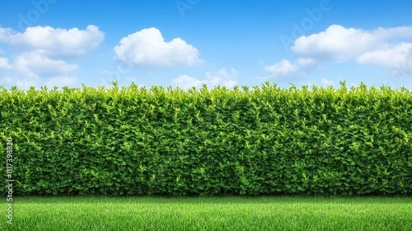 Fototapeta Lush green hedge separating a manicured lawn against a clear blue sky with scattered clouds.