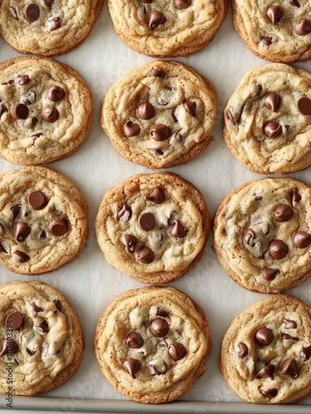 Fototapeta Freshly baked chocolate chip cookies arranged neatly on parchment paper, showcasing a golden-brown crust and melted chocolate chips.