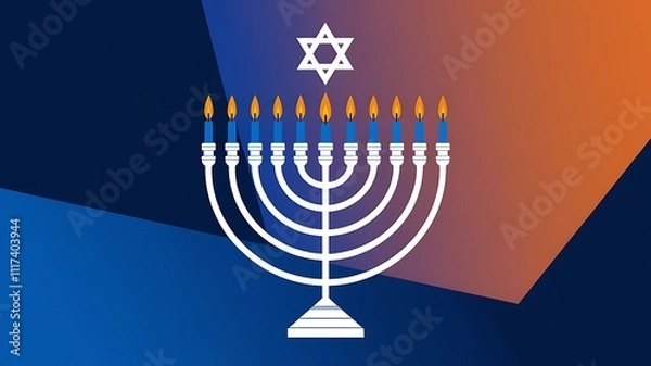 Obraz A Menorah with Nine Lit Candles and Star of David